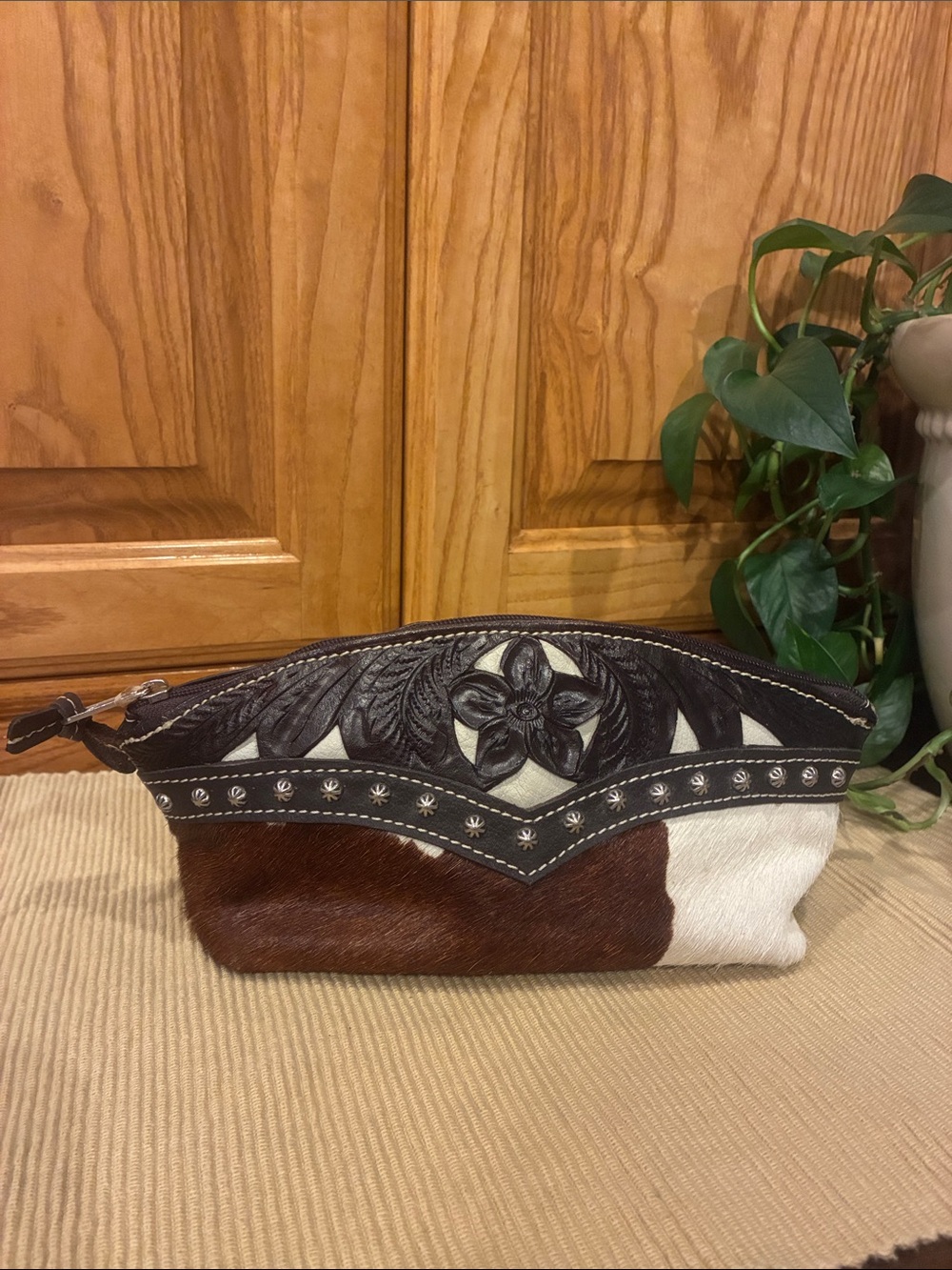 American West Tooled Leather Hair-On Travel Cosmetic Zip Bag (ABBA)